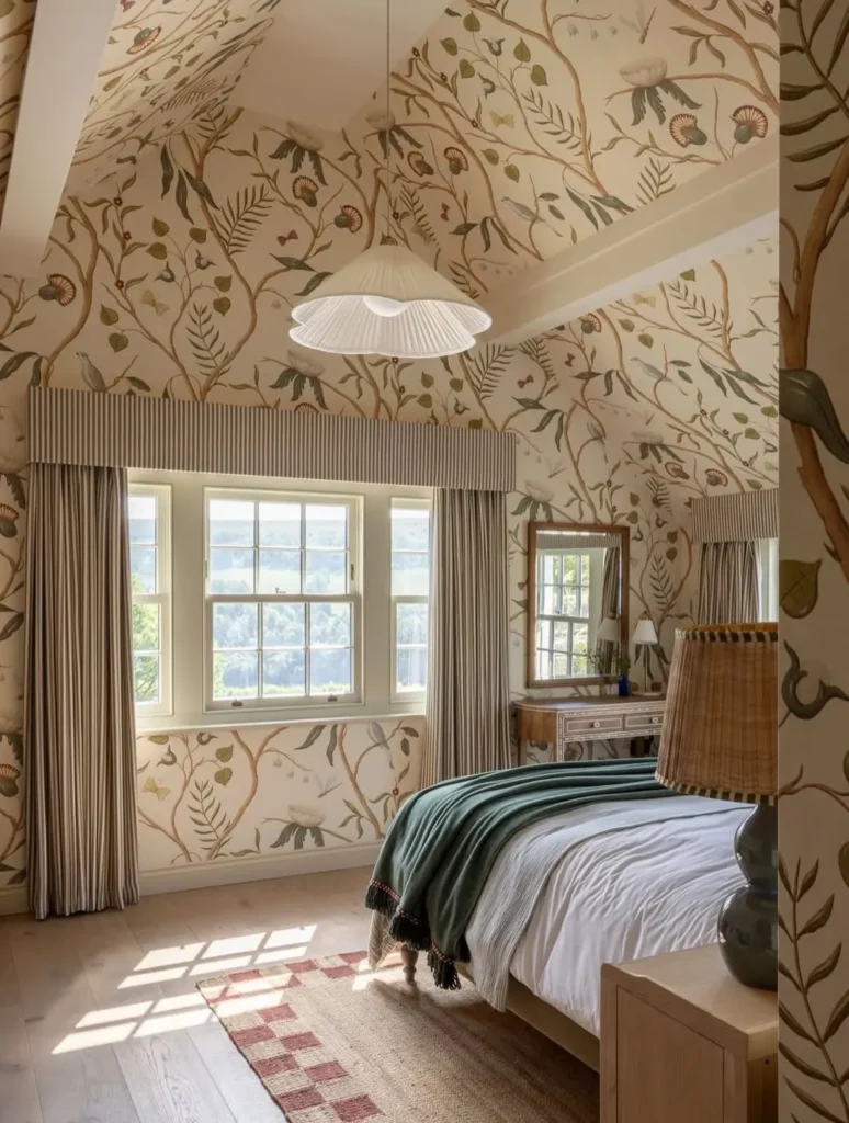 Vaulted Bedroom with Delicate Botanical Wallpaper