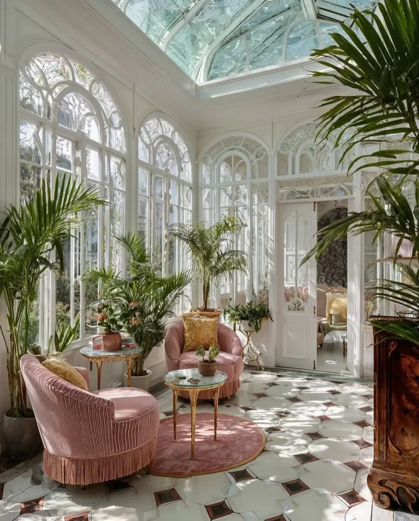 Vintage Style Glass Sunroom with Pink Chairs