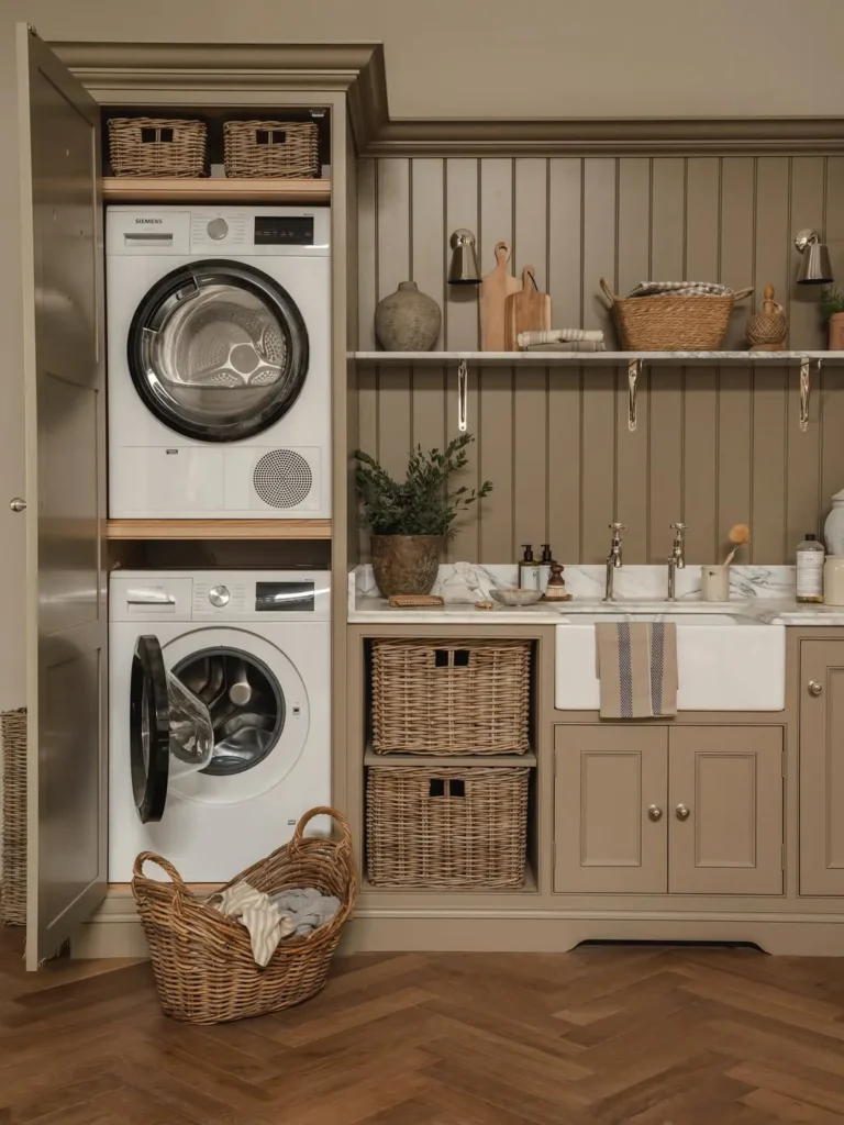 Warm Neutral Laundry Storage Wall