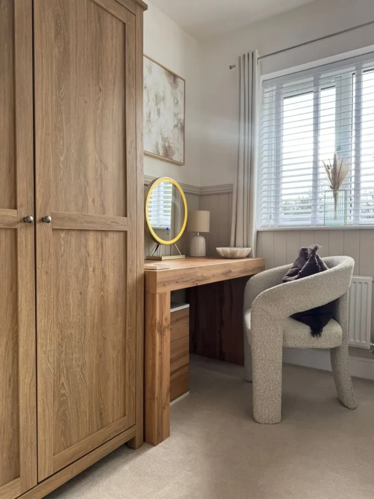 Warm Wood Vanity and Workspace Corner