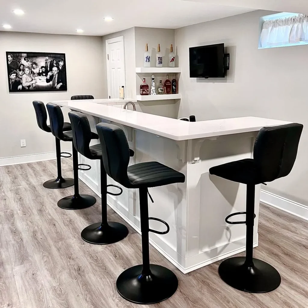 White Basement Bar with Black Stools