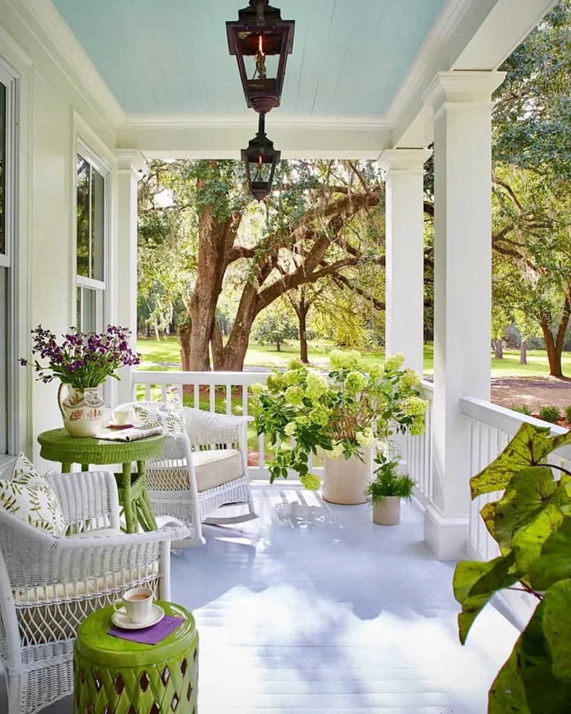 White Wicker Front Porch Setup