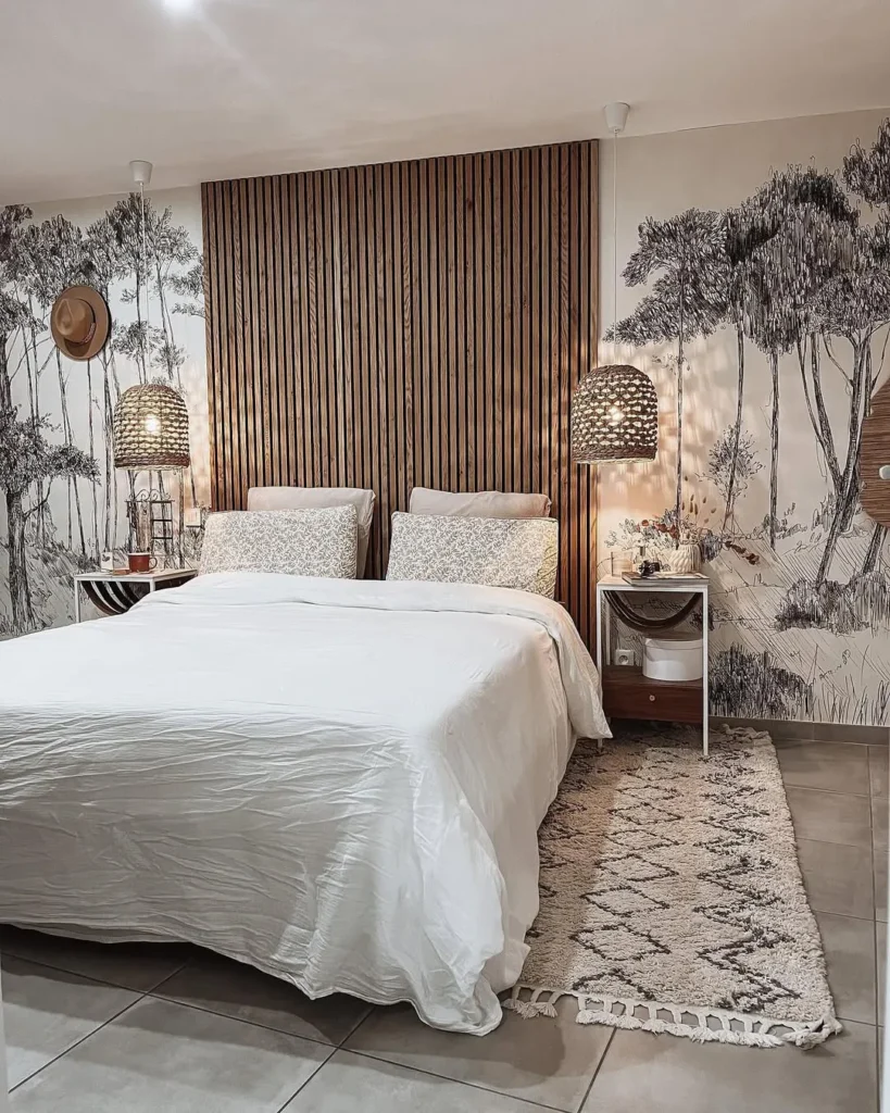 Wood Slat and Scenic Wallpaper Bedroom Idea