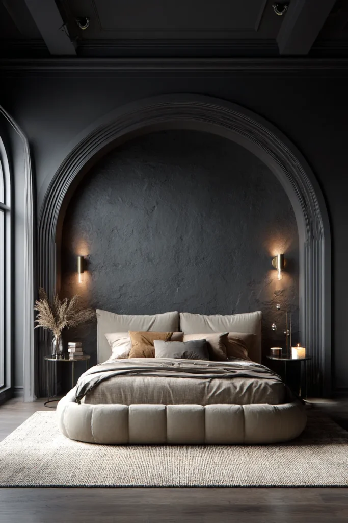 Arched Black Bedroom with Soft Neutral Bedding
