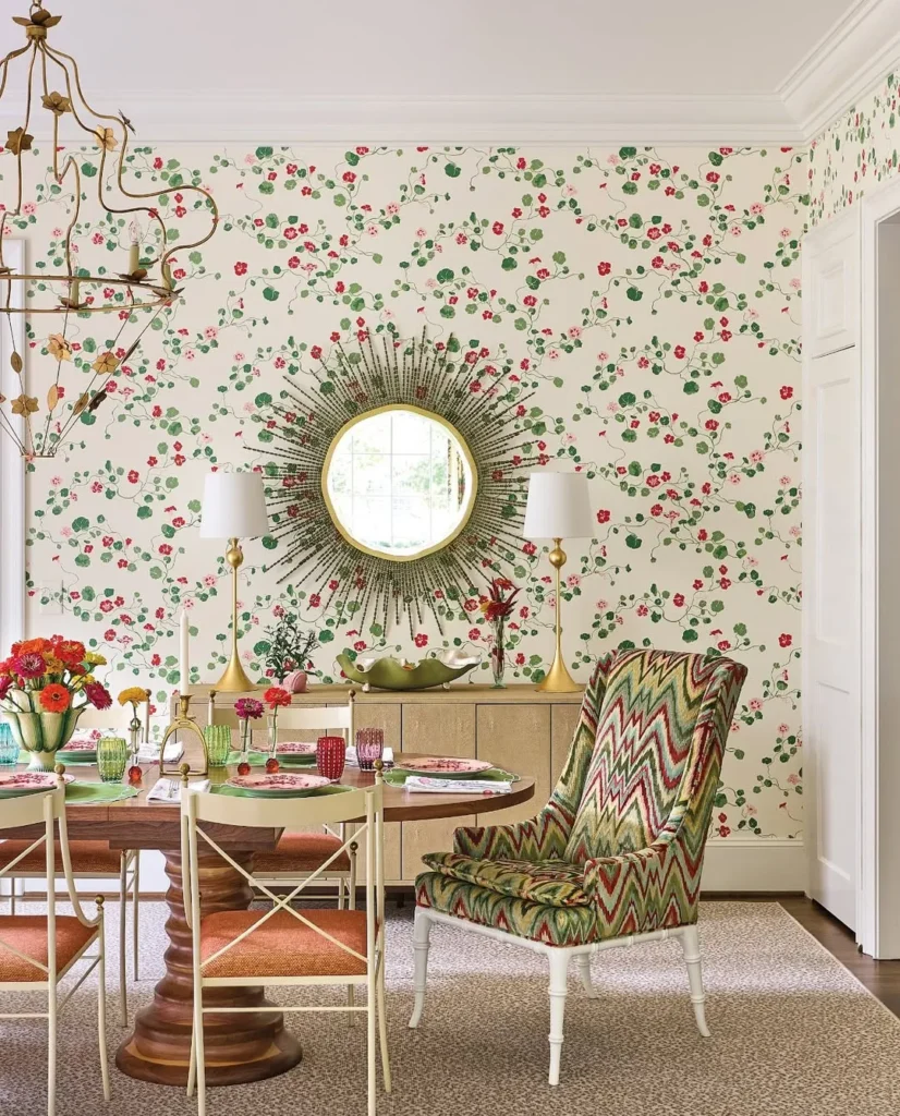 Bird and Branch Wallpaper With Classic Wood Furniture