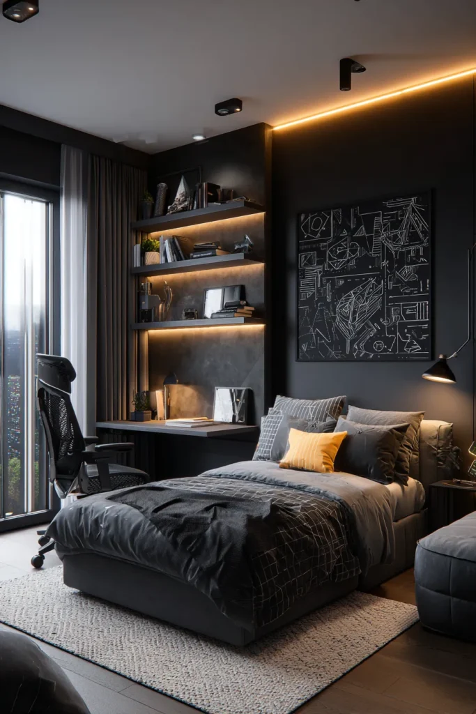Black Bedroom with Built-In Desk and Shelves
