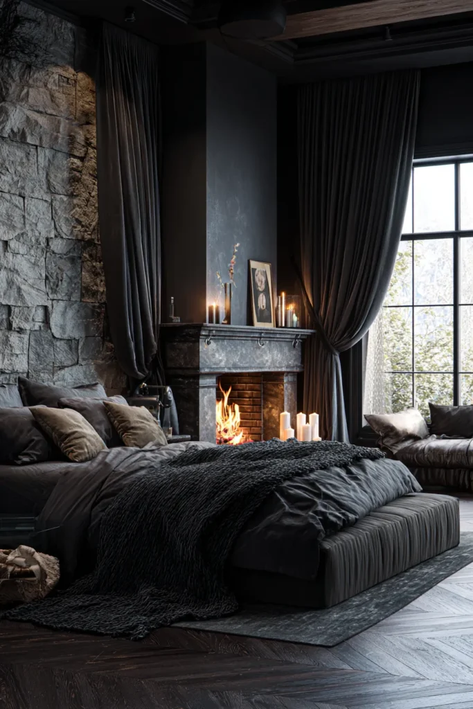 Black Bedroom with Fireplace and Stone Wall