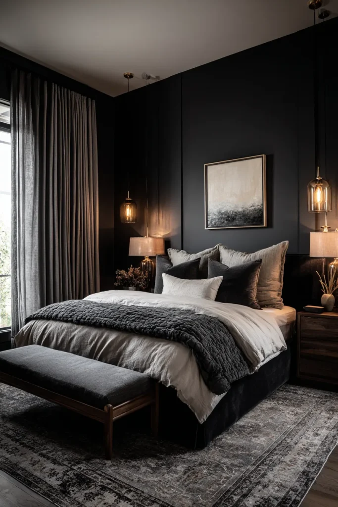 Black Bedroom with Pendant Lights and Bench