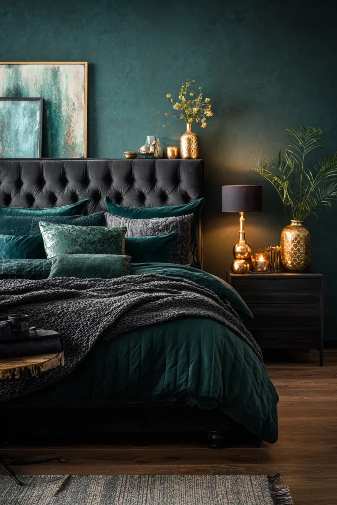 Black Bedroom with Teal Velvet Bedding