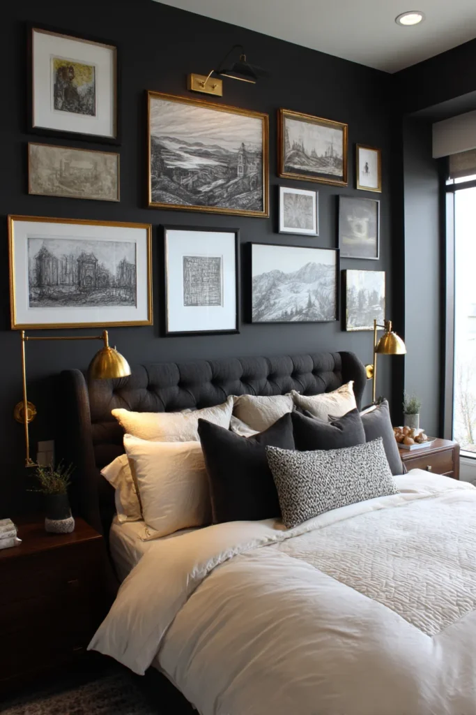 Black Bedroom with Vintage Gallery Wall