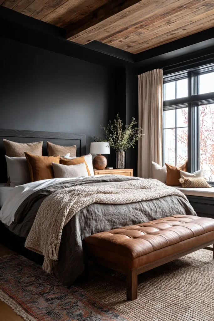 Black Bedroom with Wood Beam Ceiling