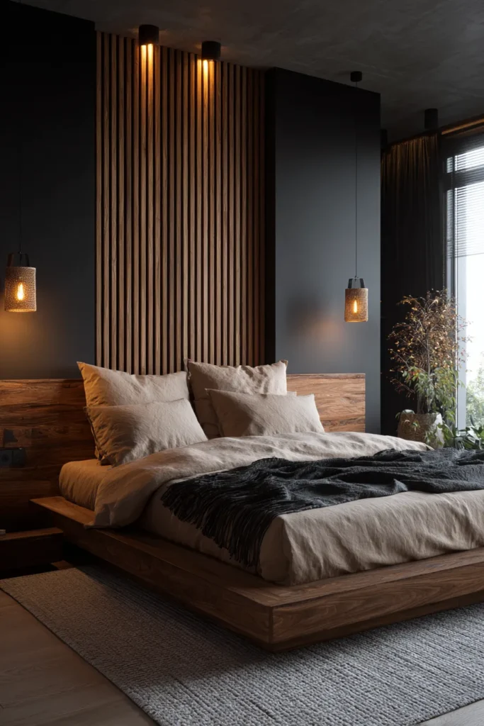 Black Bedroom with Wood Slat Accent Wall
