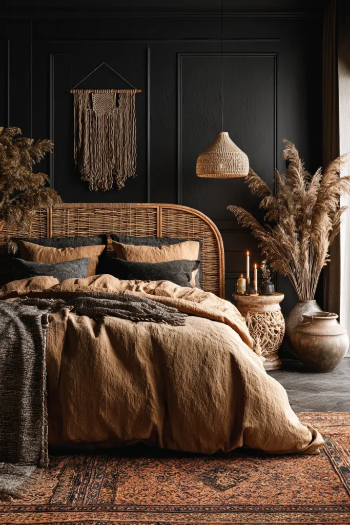 Black Boho Bedroom with Woven Headboard