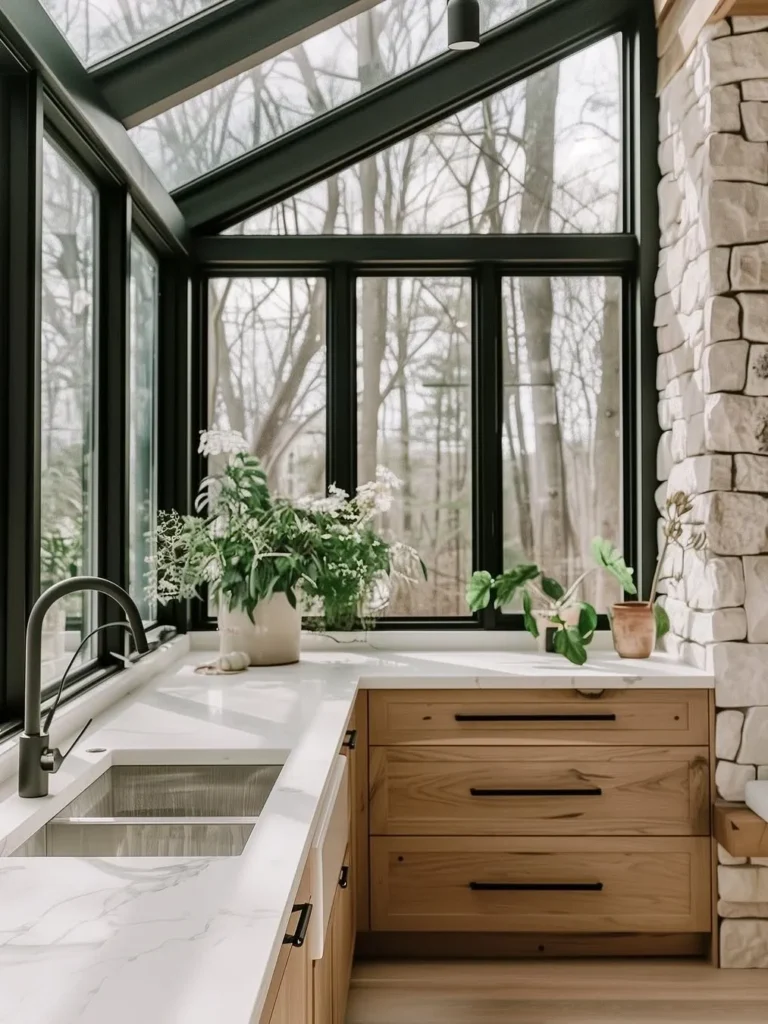 Black-Framed Glass Kitchen With Stone Accent Wall