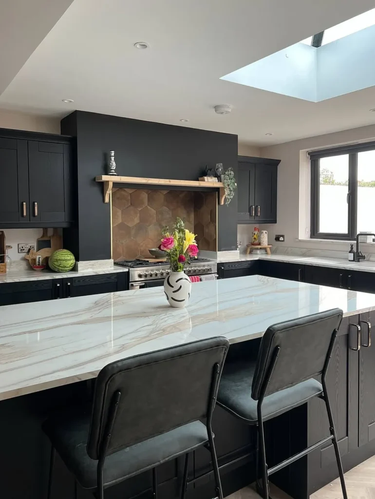 Black Kitchen Island with Marble Top
