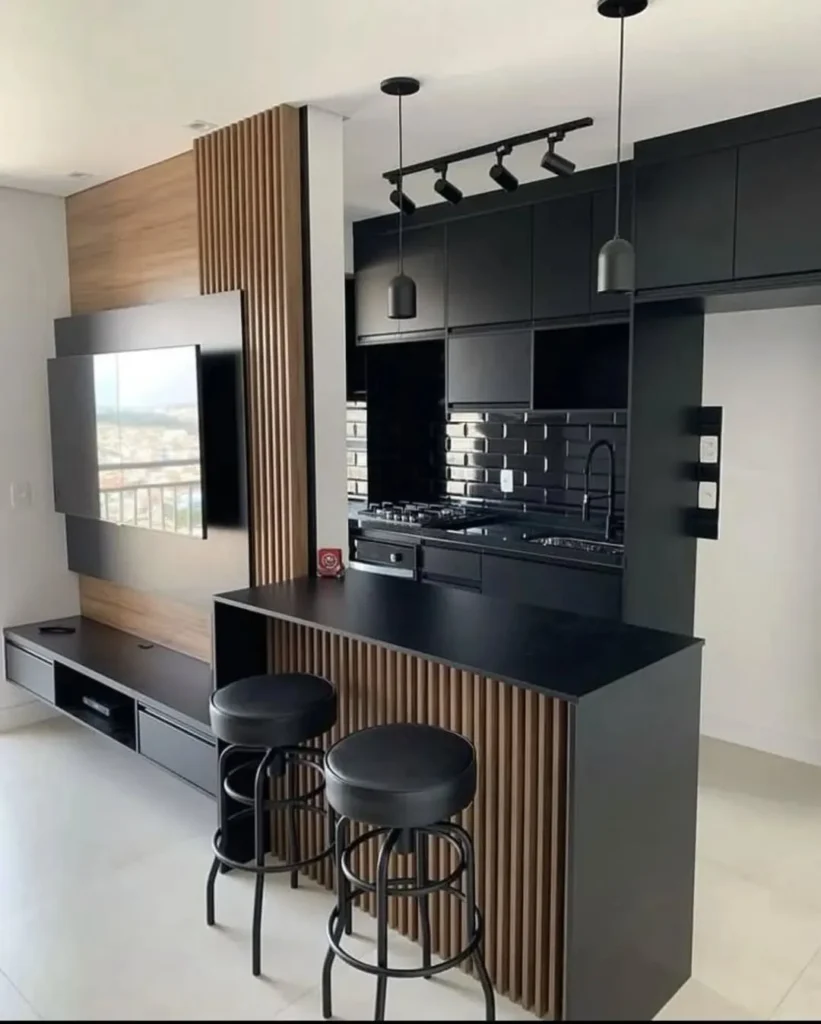 Black Kitchen Island with Wood Slat Detail