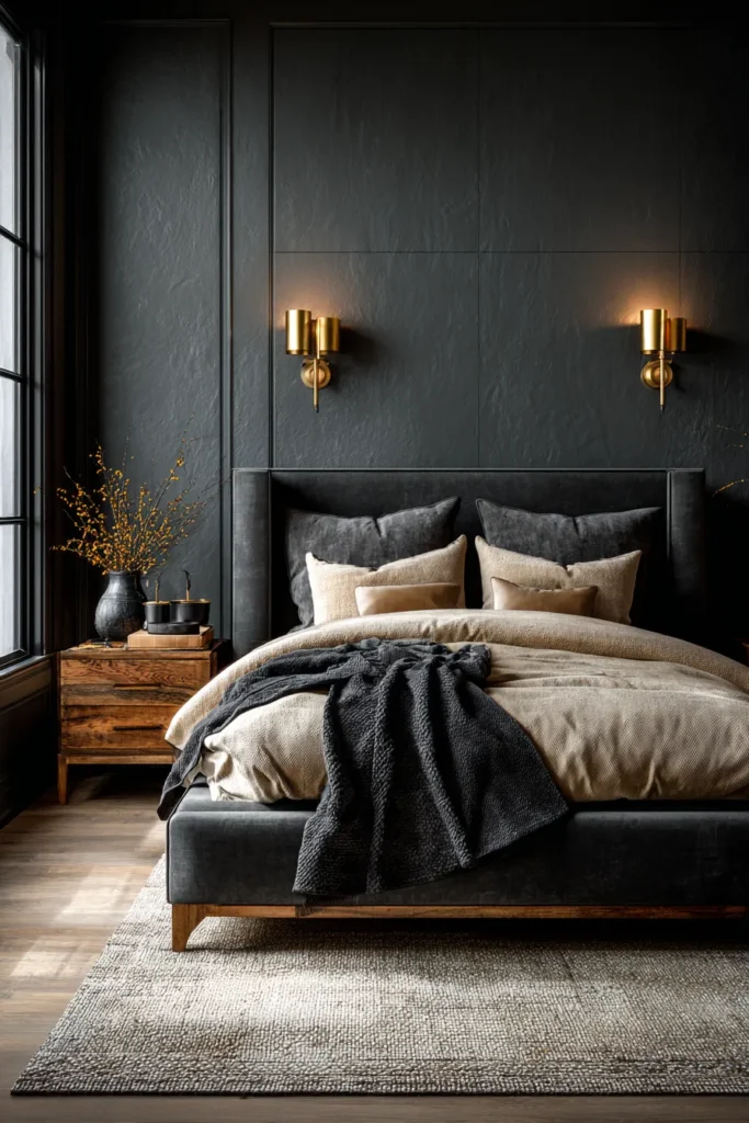 Black Paneled Bedroom with Brass Sconces