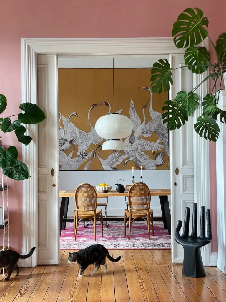 Blue Botanical Room Wallpaper With Statement Chandelier