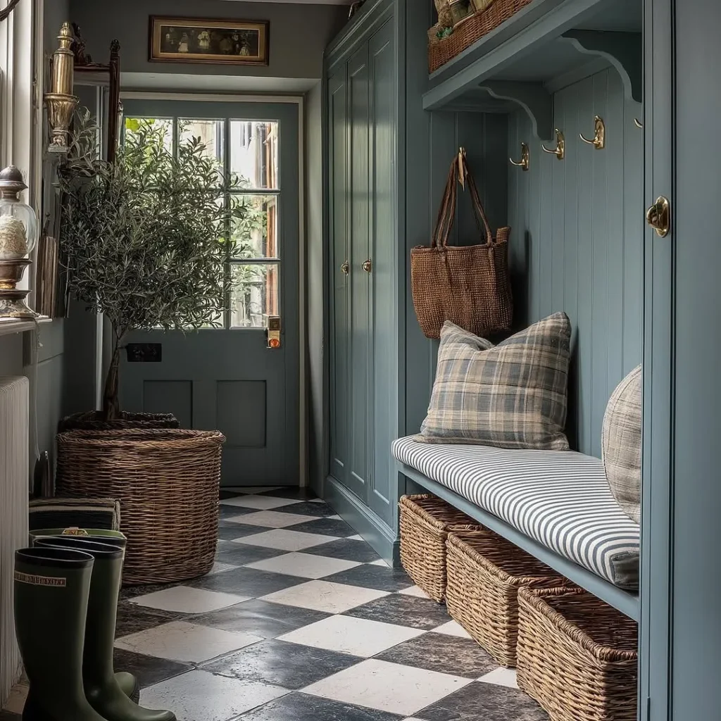 Blue Built-In Mudroom with Checkered Floor