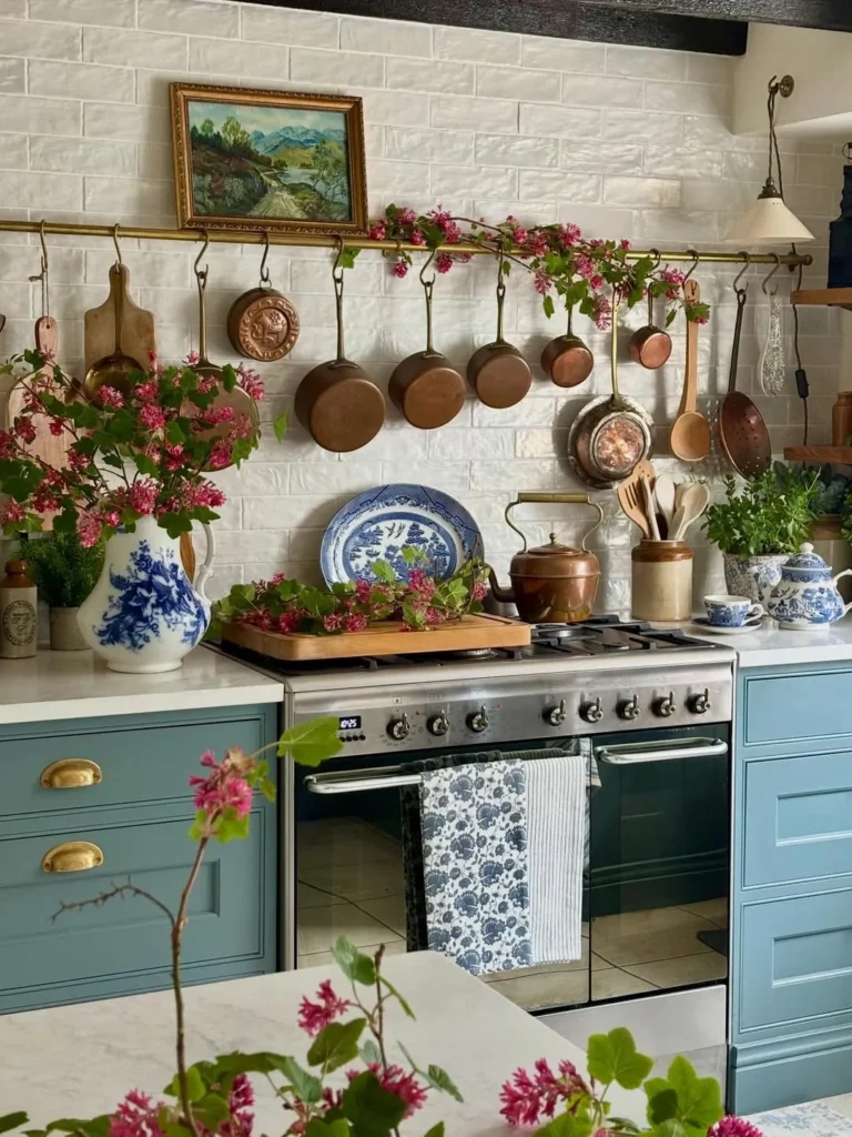 Blue Cottage Kitchen with Copper Pot Display