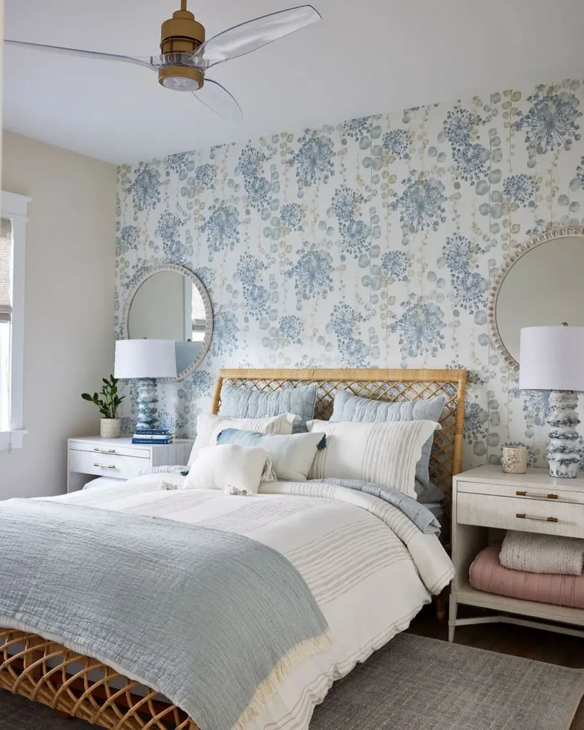 Blue Floral Accent Wall Bedroom
