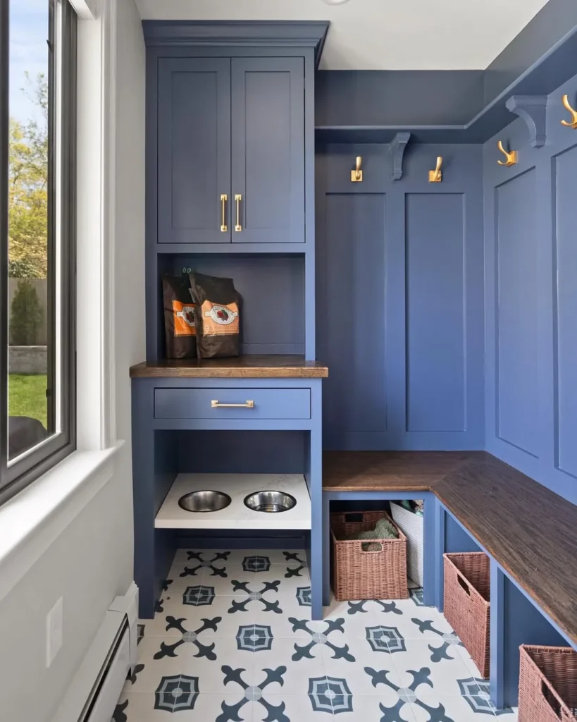 Blue Mudroom Bench with Built-In Pet Station