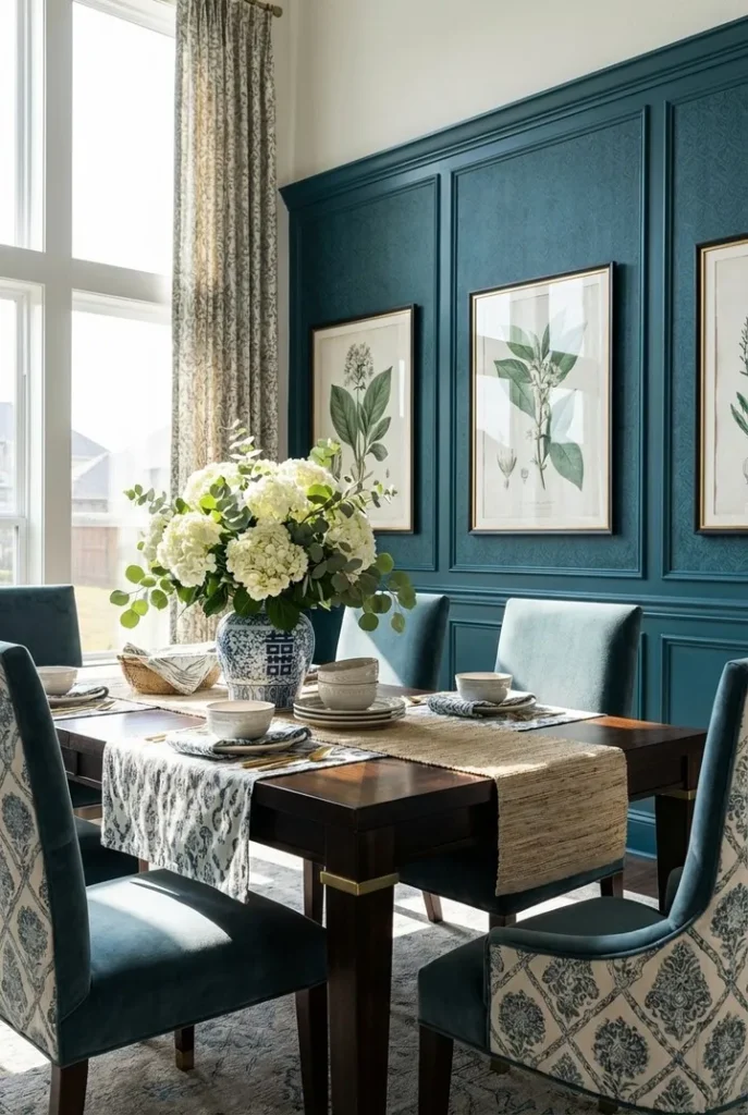 Blue Paneled Dining Room With Botanical Wall Art