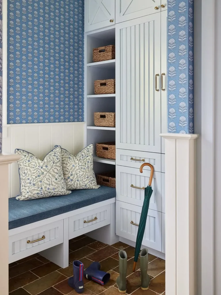 Blue Patterned Mudroom with Tall Cabinet Drawers