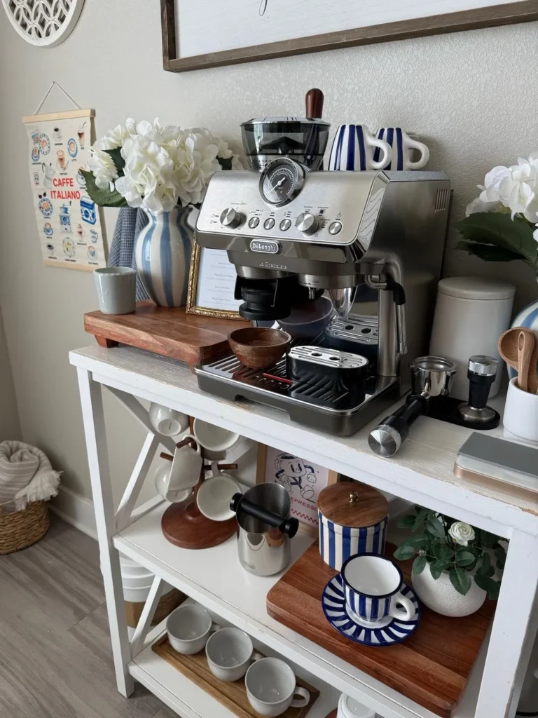 Blue and White Espresso Station Shelf Setup