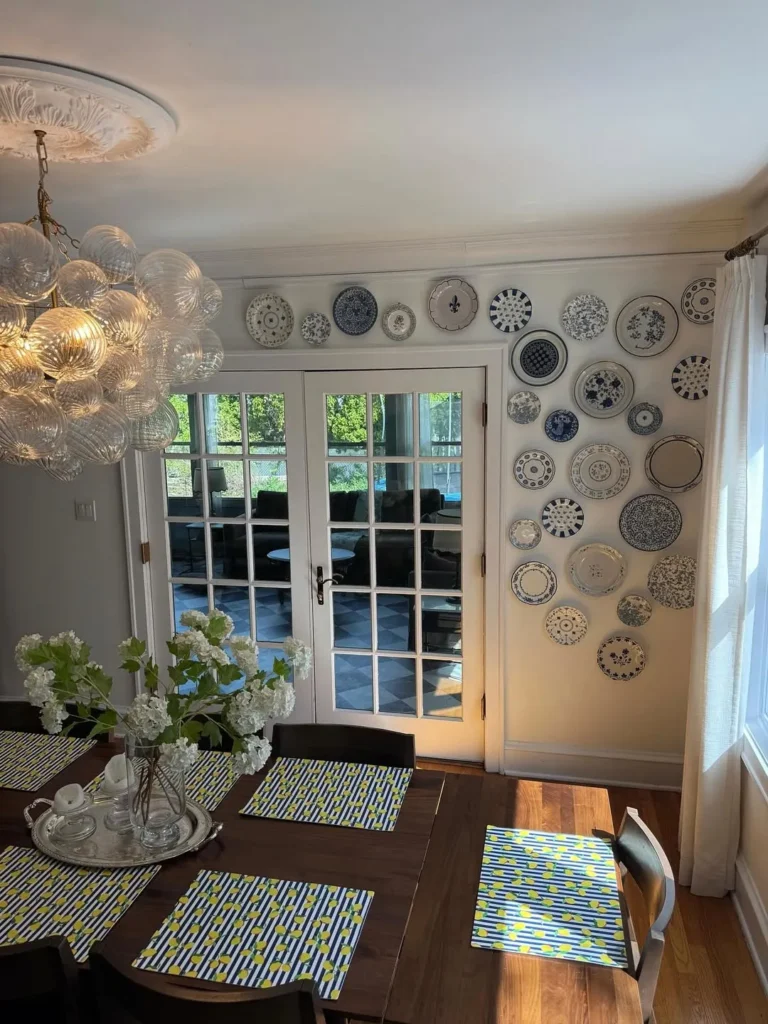 Blue and White Plate Wall in the Dining Room