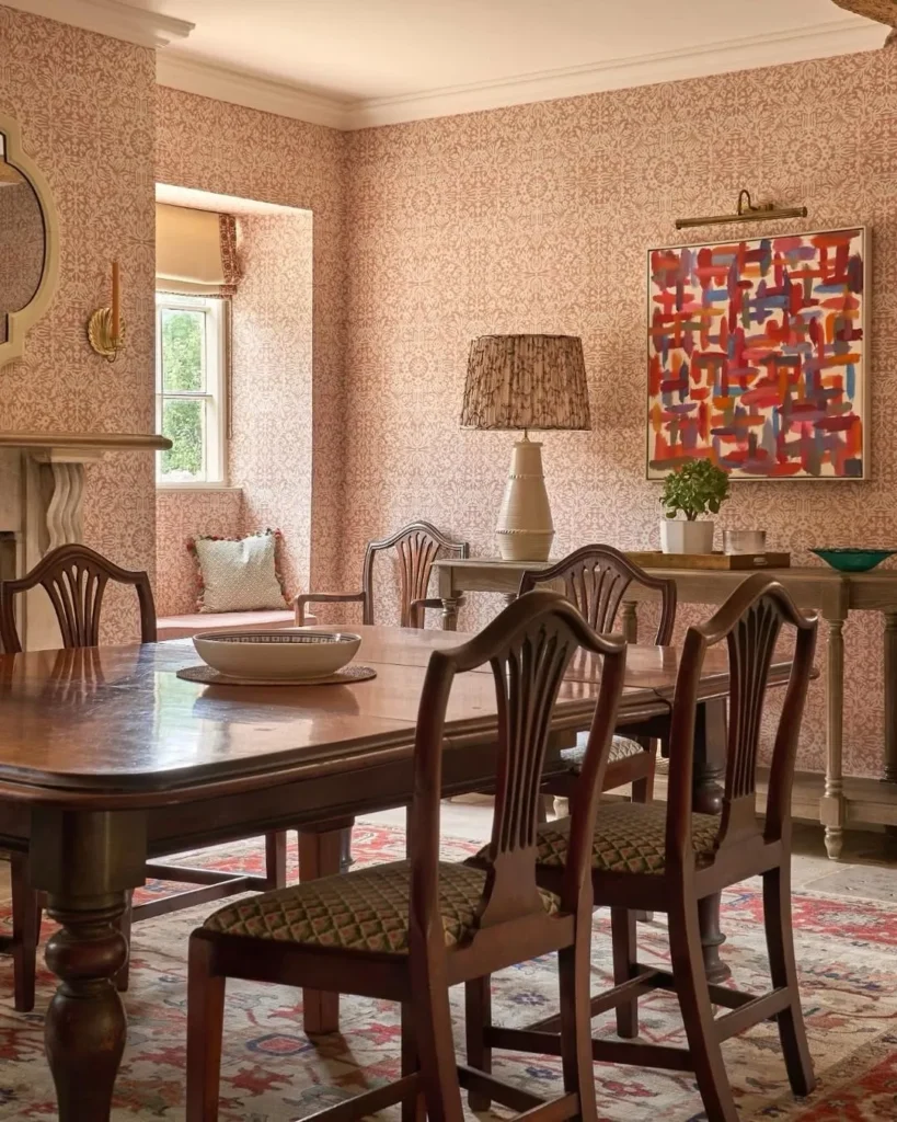 Blush Chinoiserie Dining Room Wallpaper With Birds and Branches