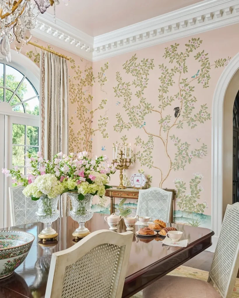 Blush Chinoiserie Dining Room Wallpaper With Classic Details