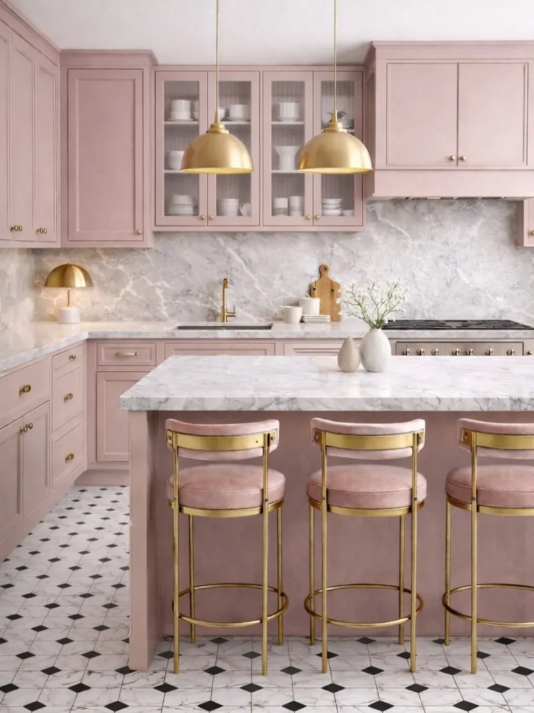 Blush Pink Cabinets with Brass Details