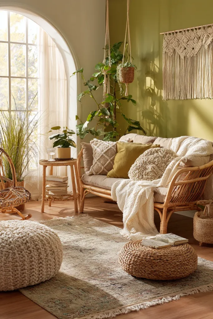 Boho Olive Lounge with Rattan Decor