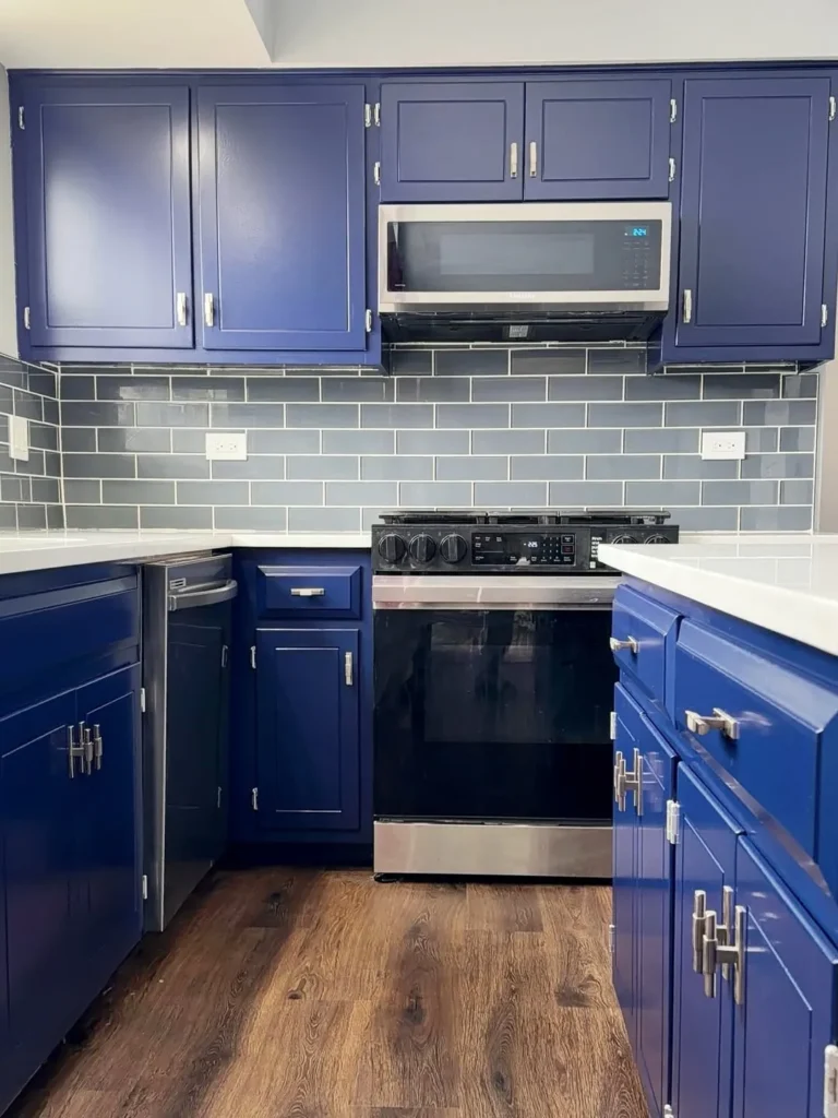 Bold Blue Cabinets with Gray Subway Tile