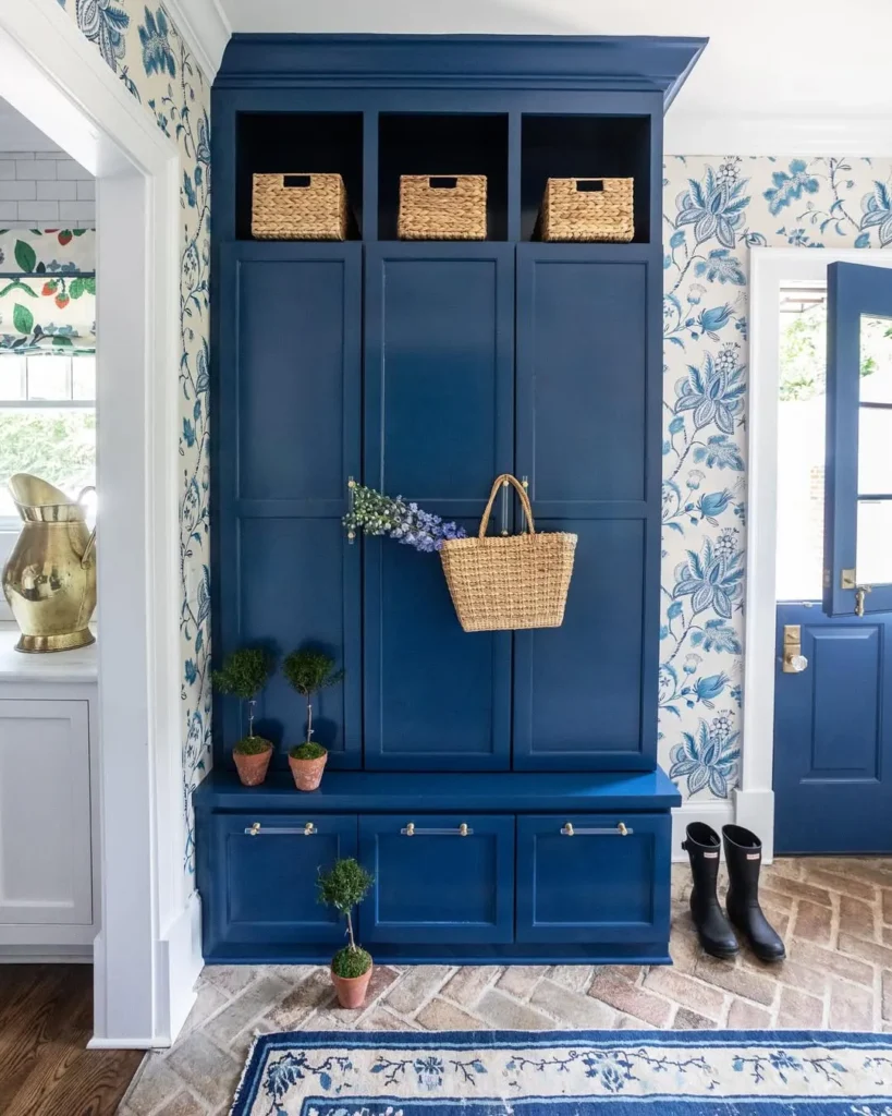 Bold Blue Mudroom Cabinet Wall