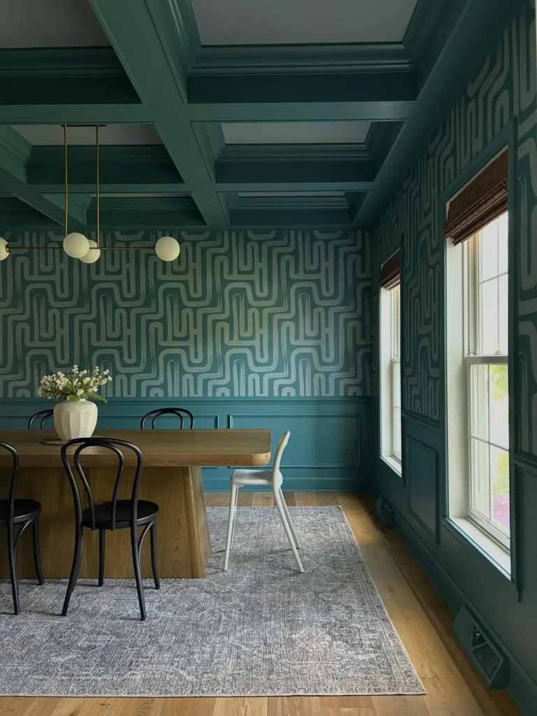 Botanical Dining Room With Soft Neutral Style Wallpaper