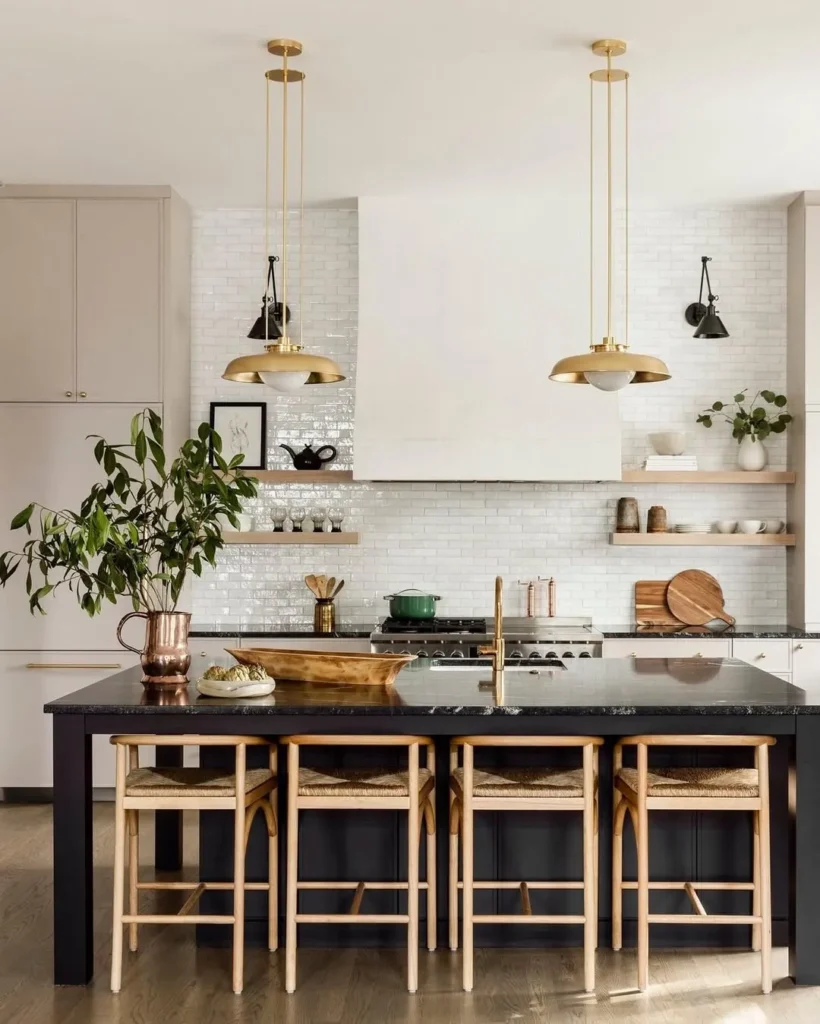 Brass Pendant Kitchen with Black Island Seating