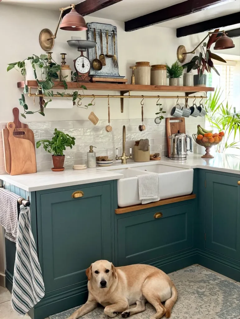 Brass Rail Kitchen with Teal Cabinets