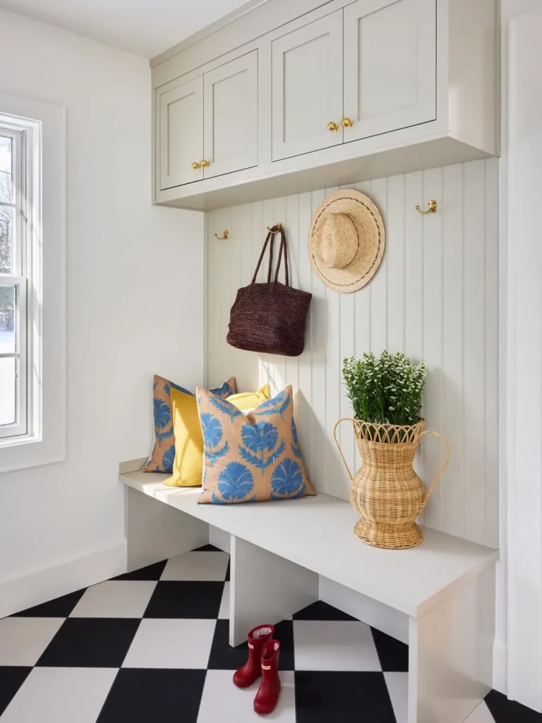 Checkered Floor Entry Bench with Upper Cabinets
