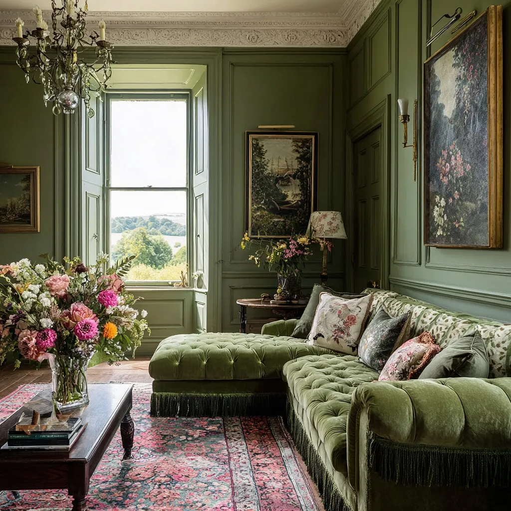 Classic Olive Living Room with Tufted Sofa