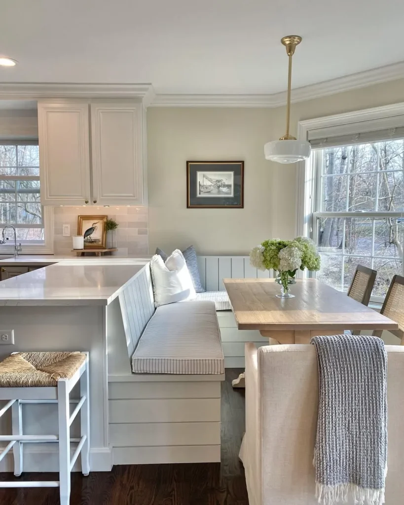 Classic White Banquette Beside the Kitchen Island