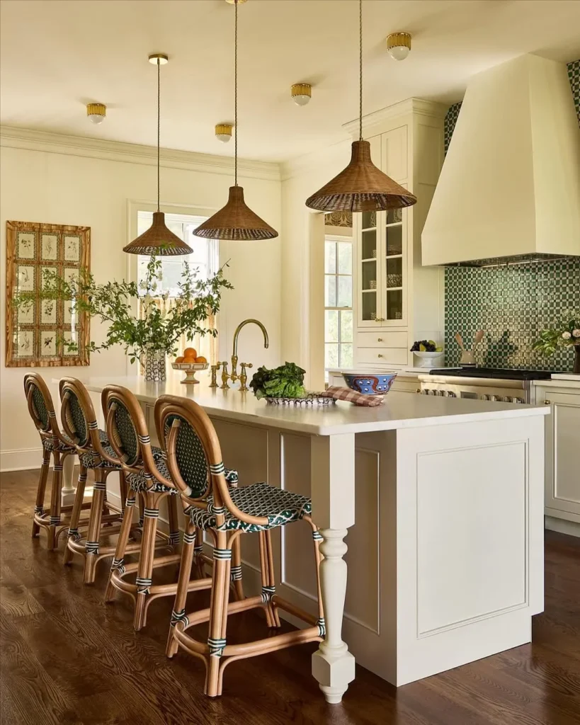 Classic White Island with Woven Bar Stools