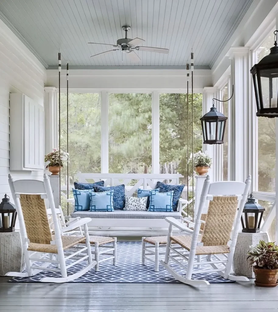 Classic White Porch with Blue Rocking Chairs
