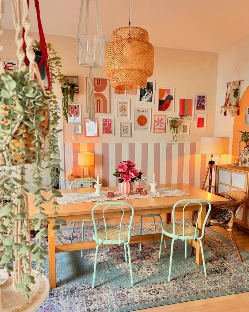 Colorful Boho Dining Room With Gallery Wall