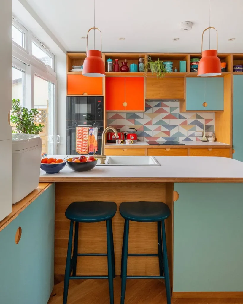 Colorful Mid Kitchen with Graphic Backsplash
