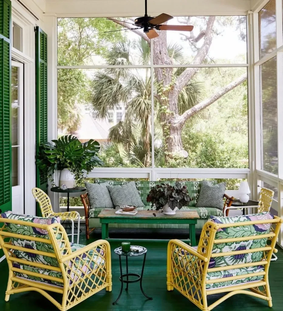 Colorful Screened Porch with Green and Yellow Seating