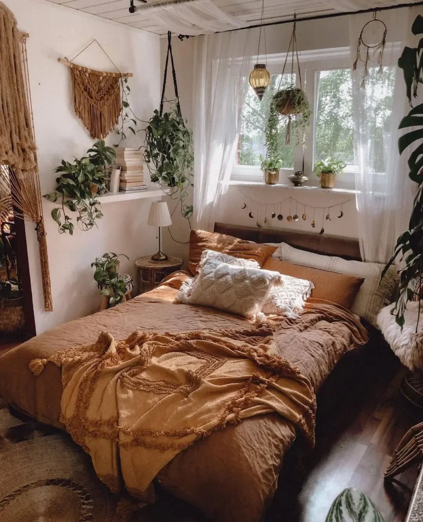 Cozy Boho Farmhouse Bedroom Filled With Plants