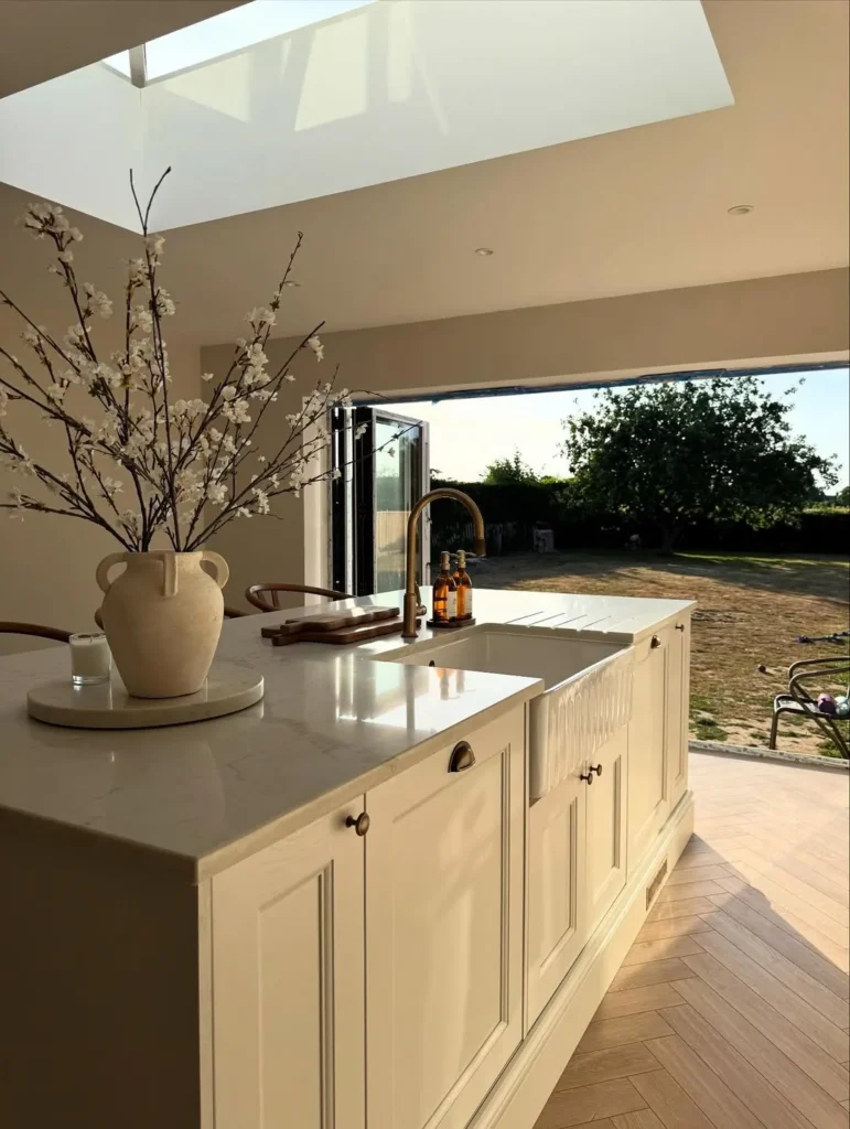 Cream Kitchen Island with Skylight View