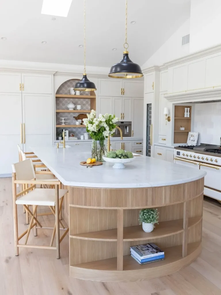 Curved Oak Kitchen Island with Open Shelves